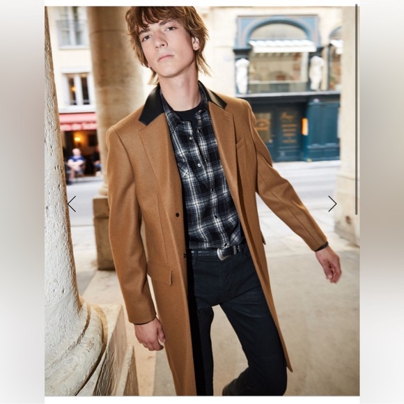 The Kooples LEATHER COLLAR CAMEL BELTED LONG WOOL COAT - size small in men’s - Picture 1 of 16